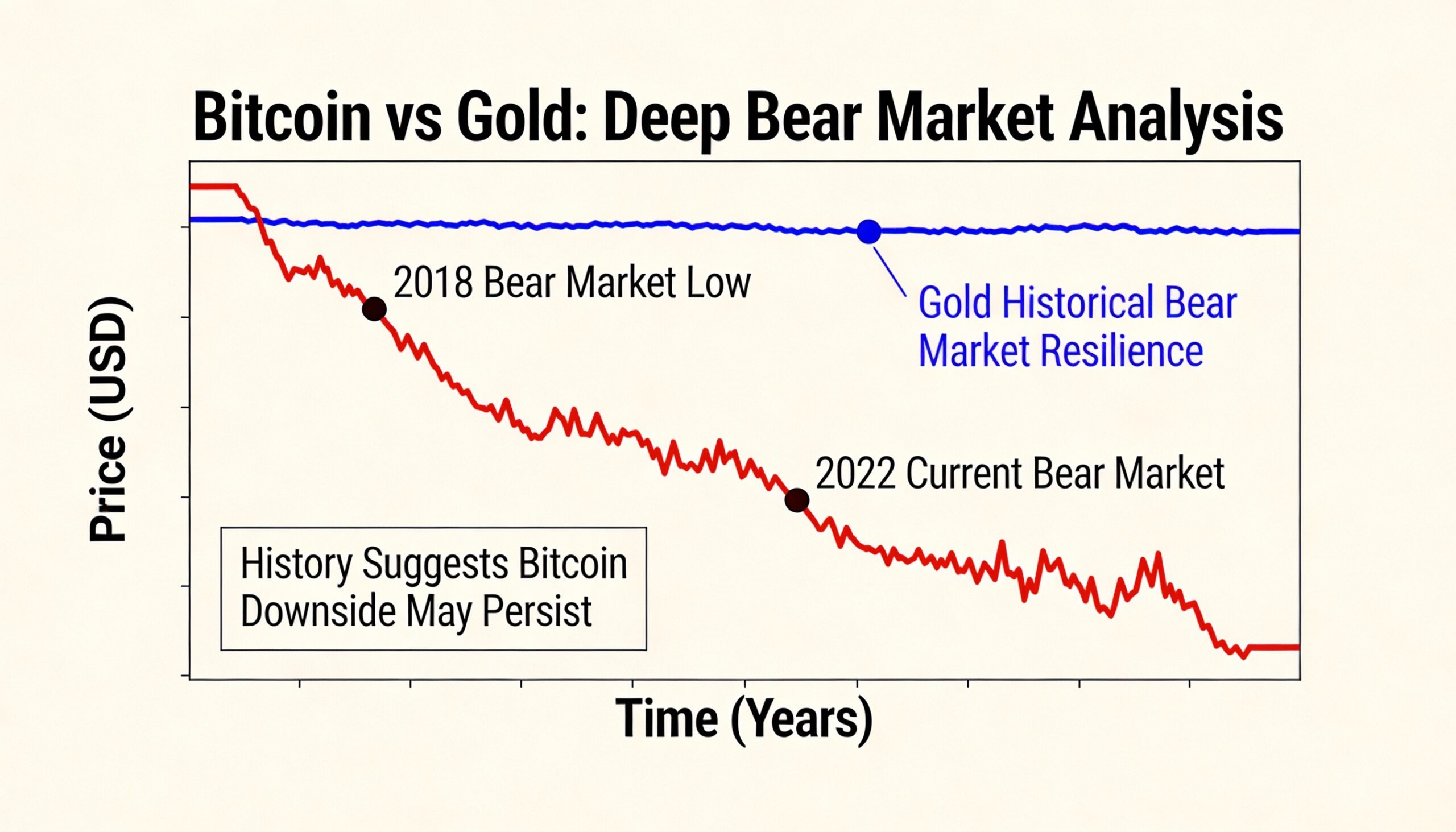 Bitcoin lags behind gold in a steep bear market, hinting at potential ongoing losses