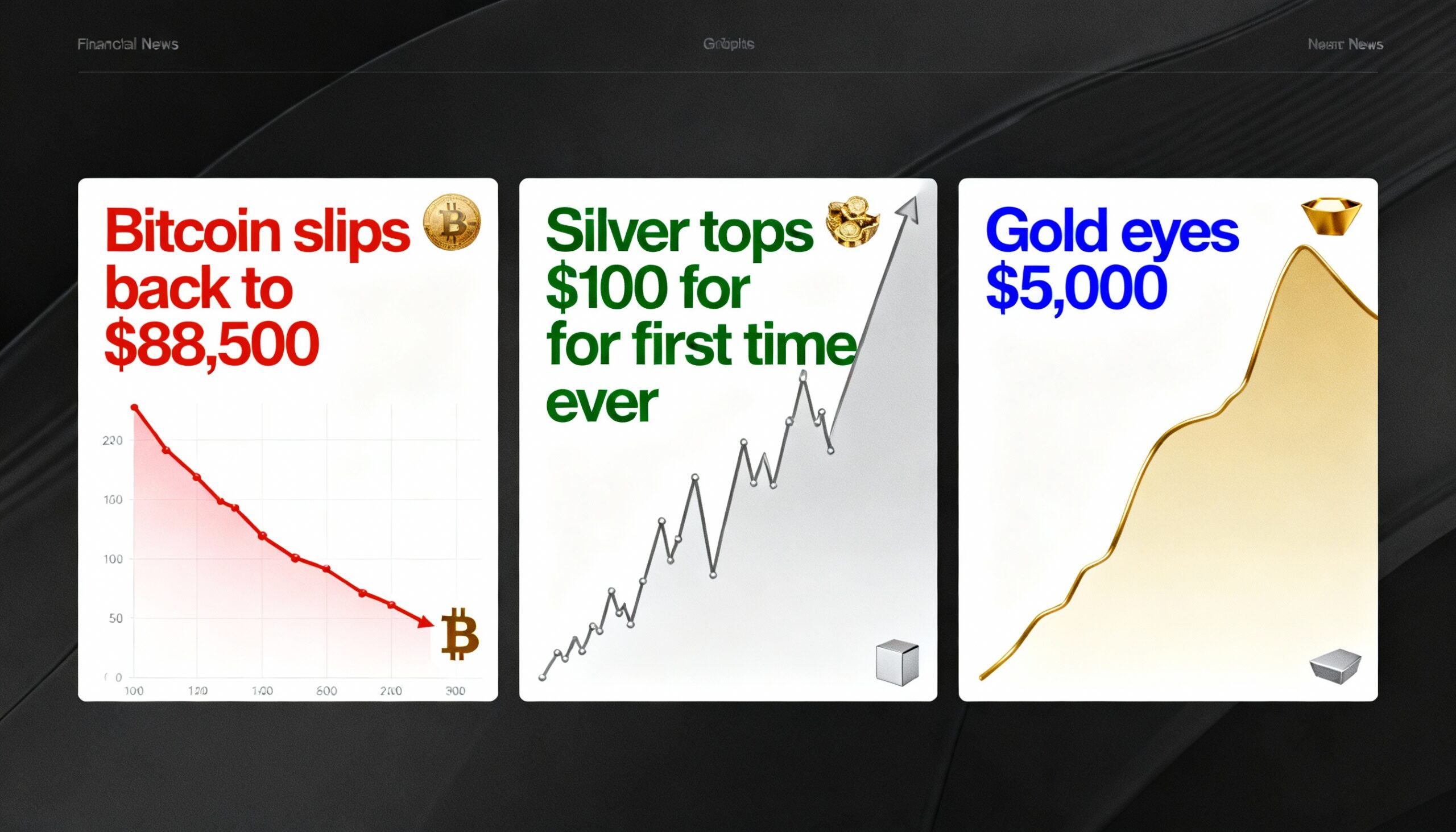 Bitcoin slips to $88,500 while silver hits $100 milestone and gold nears $5,000