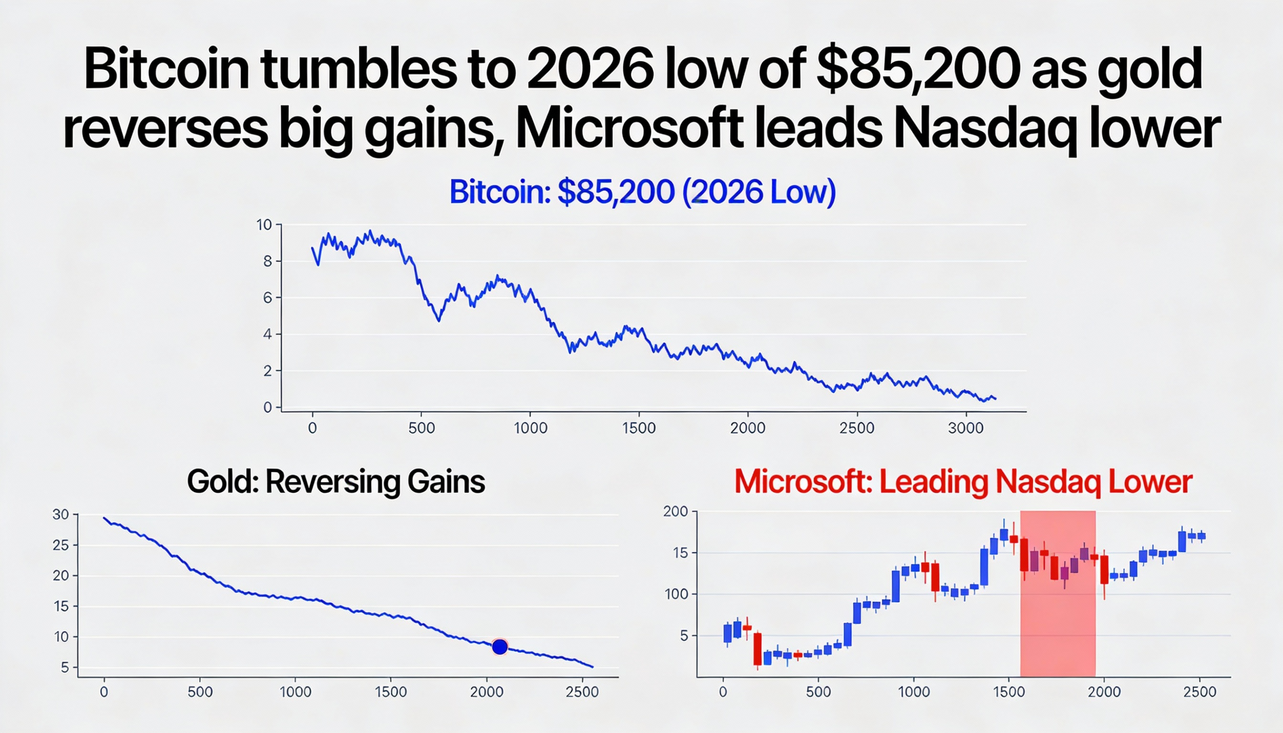 Bitcoin slides to a 2026 low of $85,200 as gold retraces earlier gains and Microsoft drags the Nasdaq lower