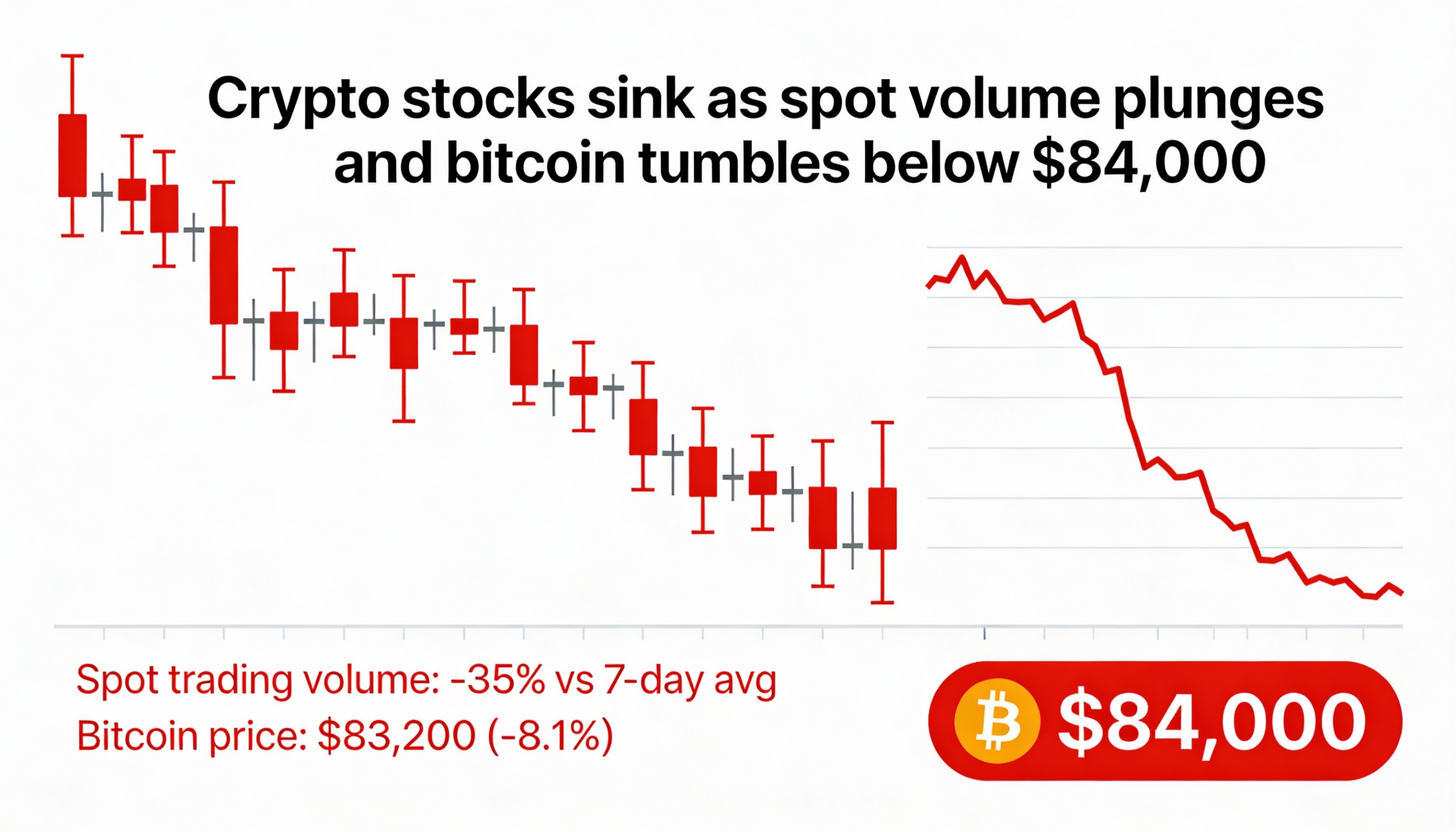 Crypto stocks slide as spot trading volume drops and Bitcoin dips below $84,000.