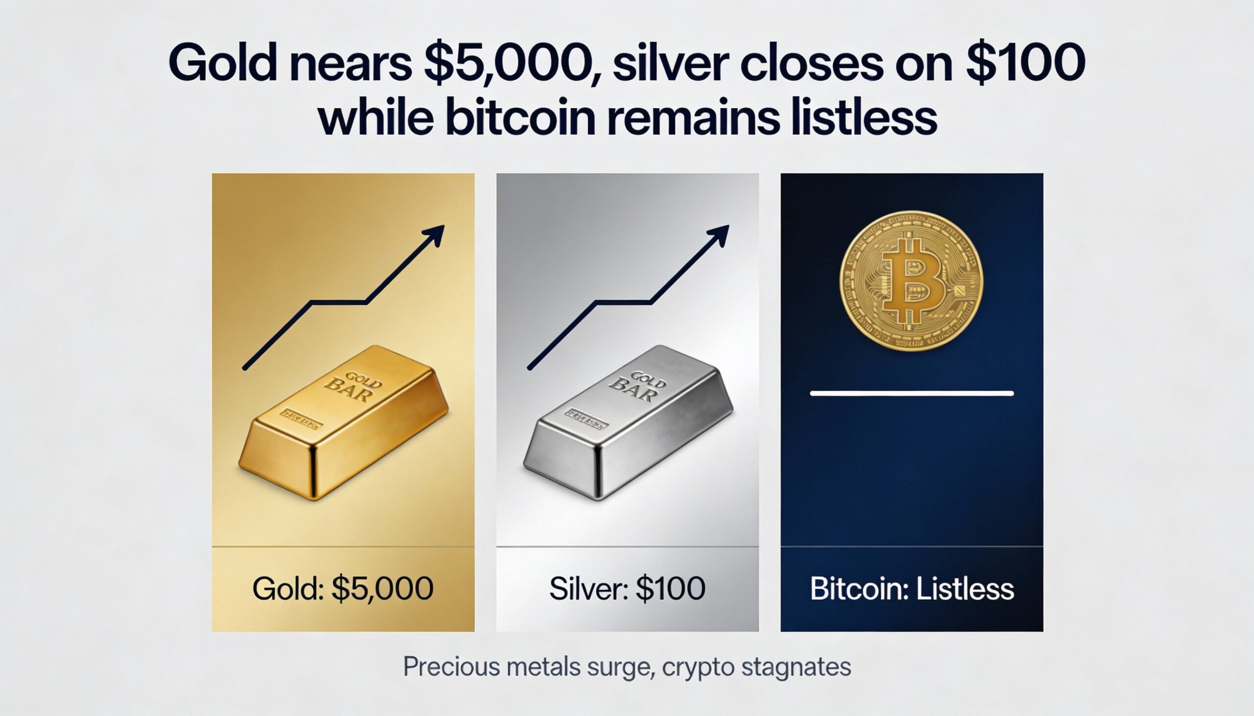 Gold approaches $5,000 and silver edges toward $100 as bitcoin stalls