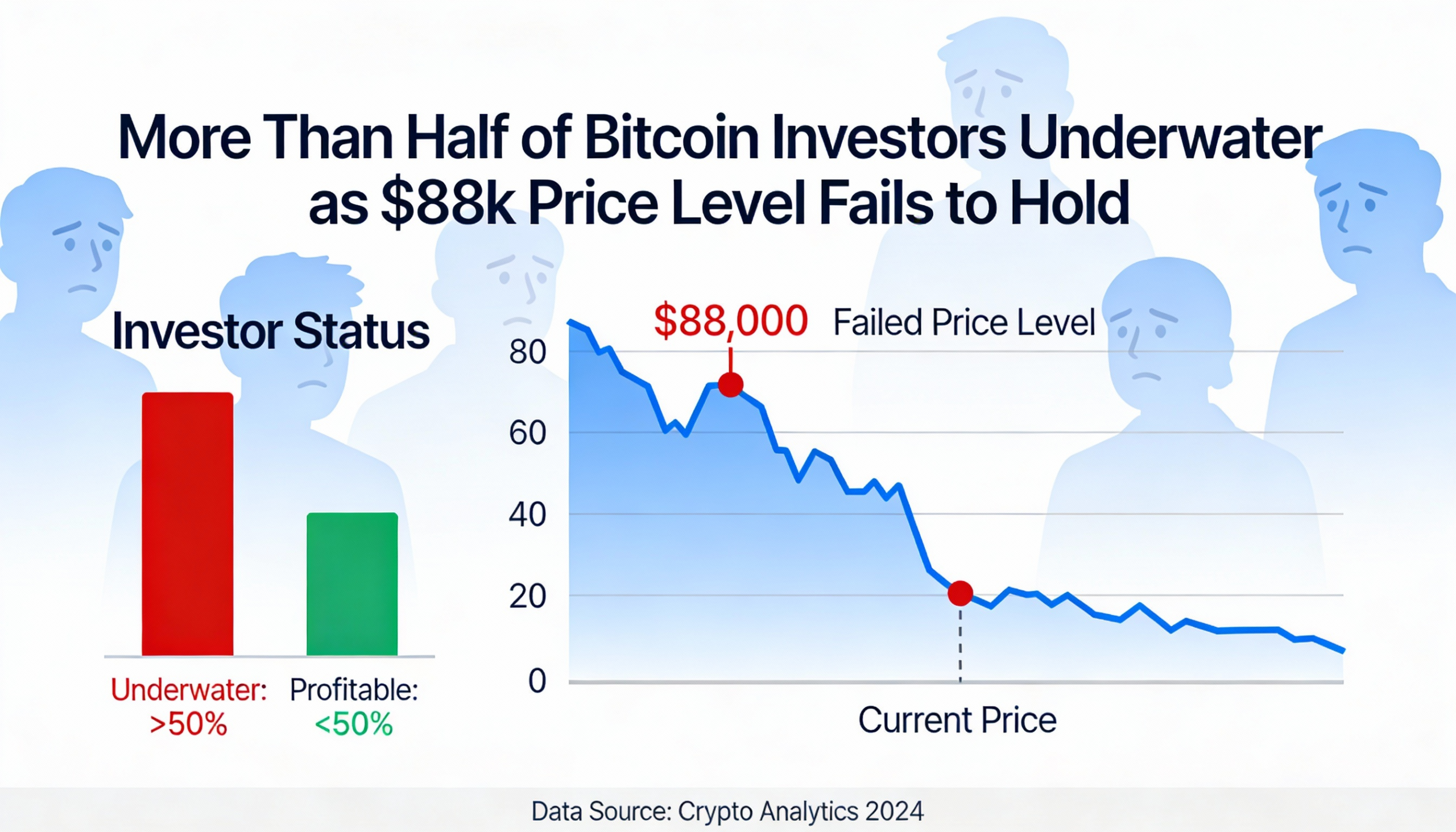 Over 50% of bitcoin investors are now in the red as the $88,000 level fails to hold