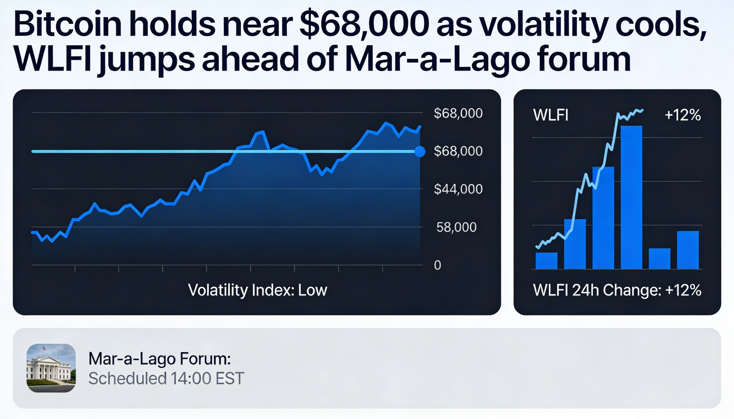 Bitcoin trades around $68,000 amid cooling price swings, with WLFI surging before the Mar-a-Lago gathering.