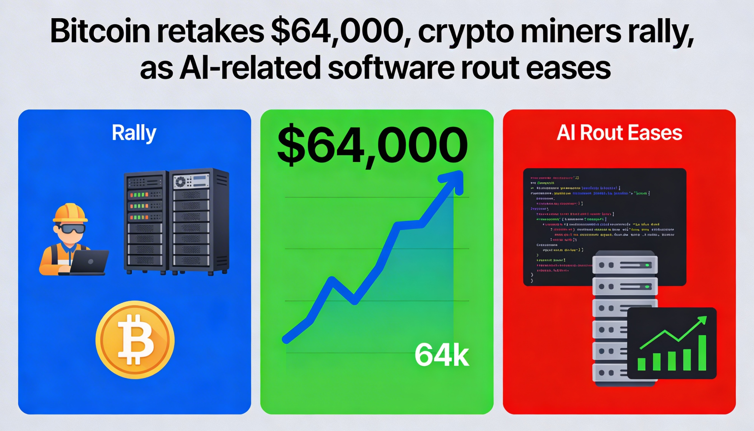 Bitcoin reclaims the $64,000 level, lifting miner equities as the AI software rout begins to ease.