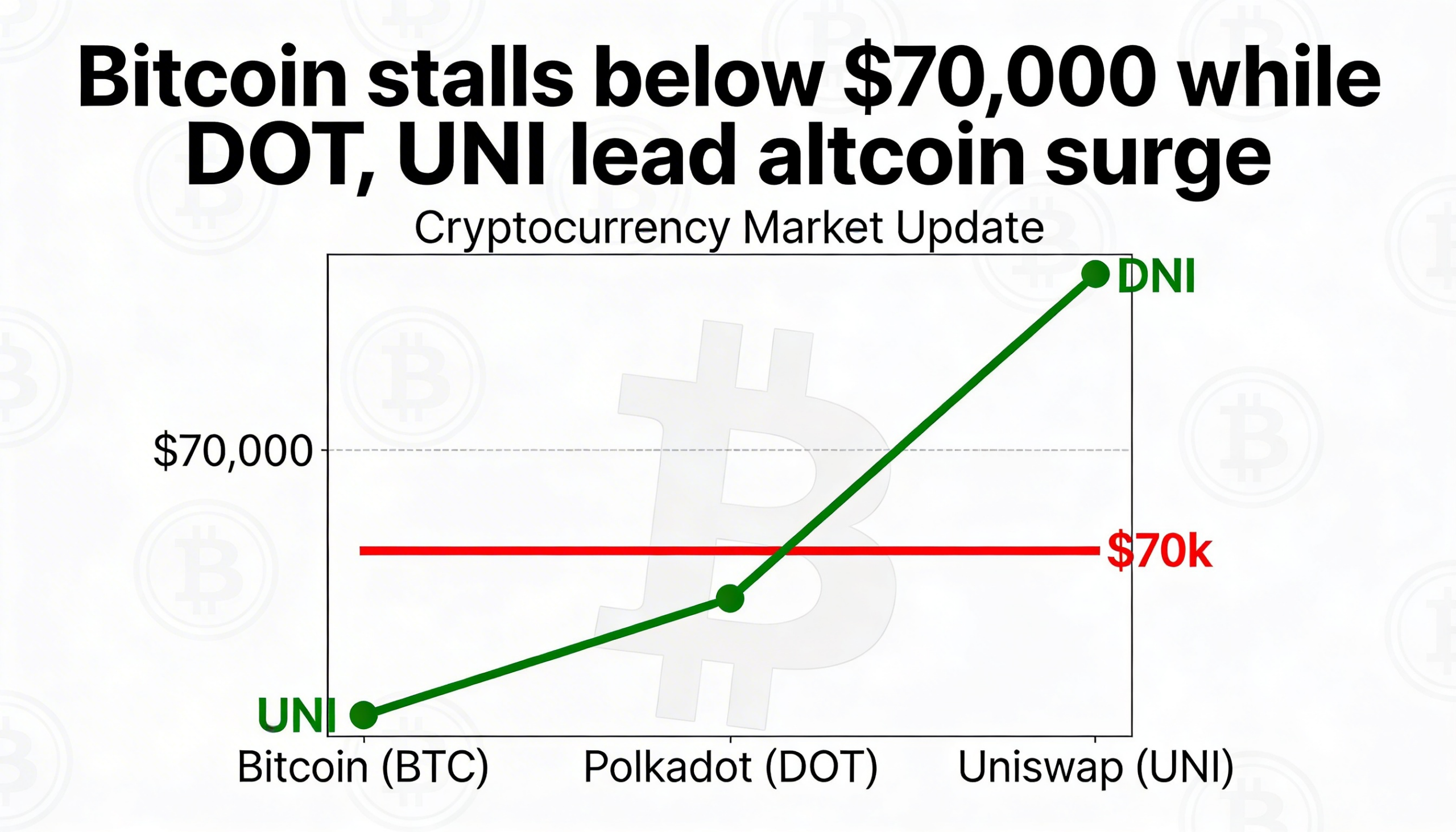 Bitcoin struggles to break $70K, while DOT and UNI power a broader altcoin advance.