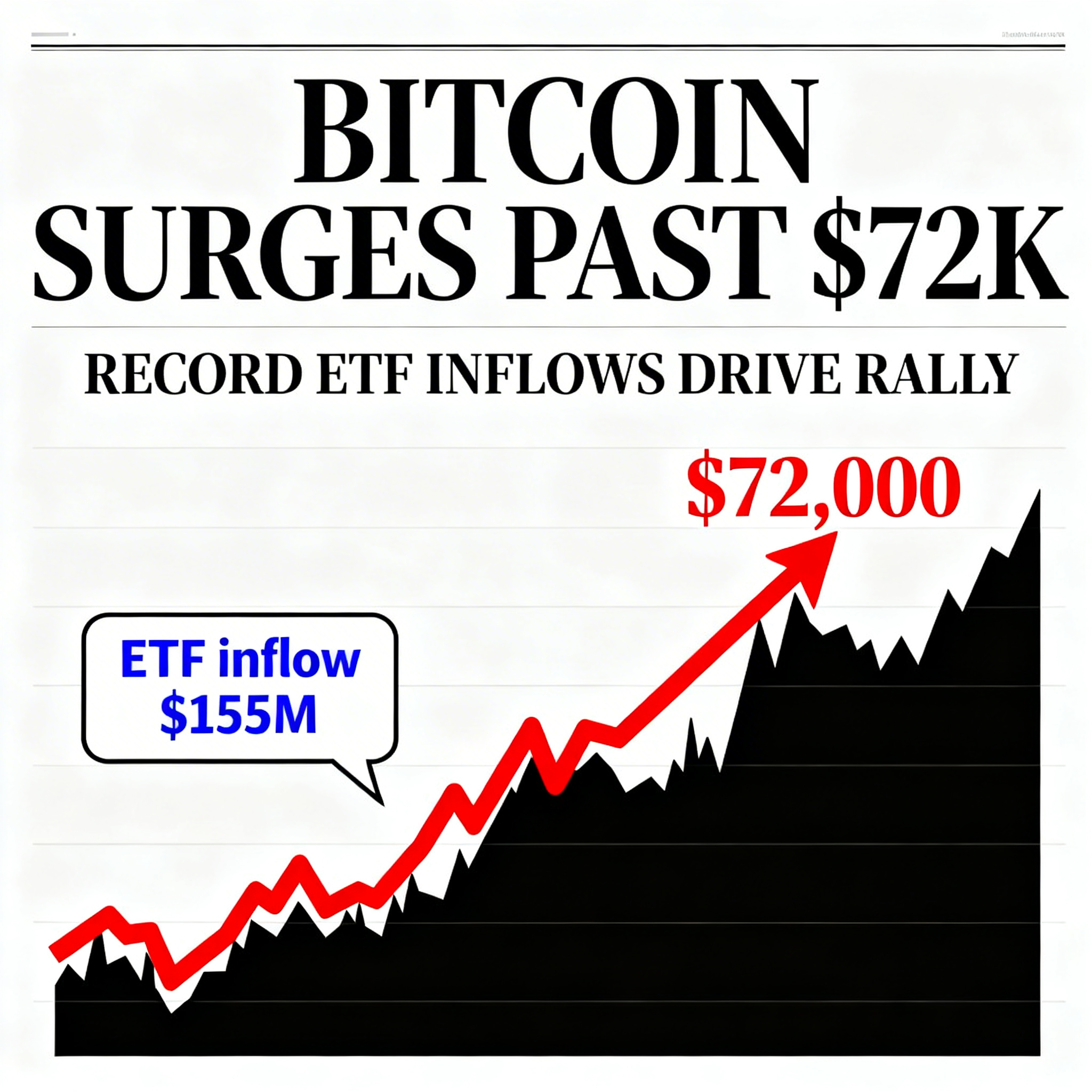 Bitcoin surpasses $72,000 while ETFs draw $155 million, extending inflows to a second straight week