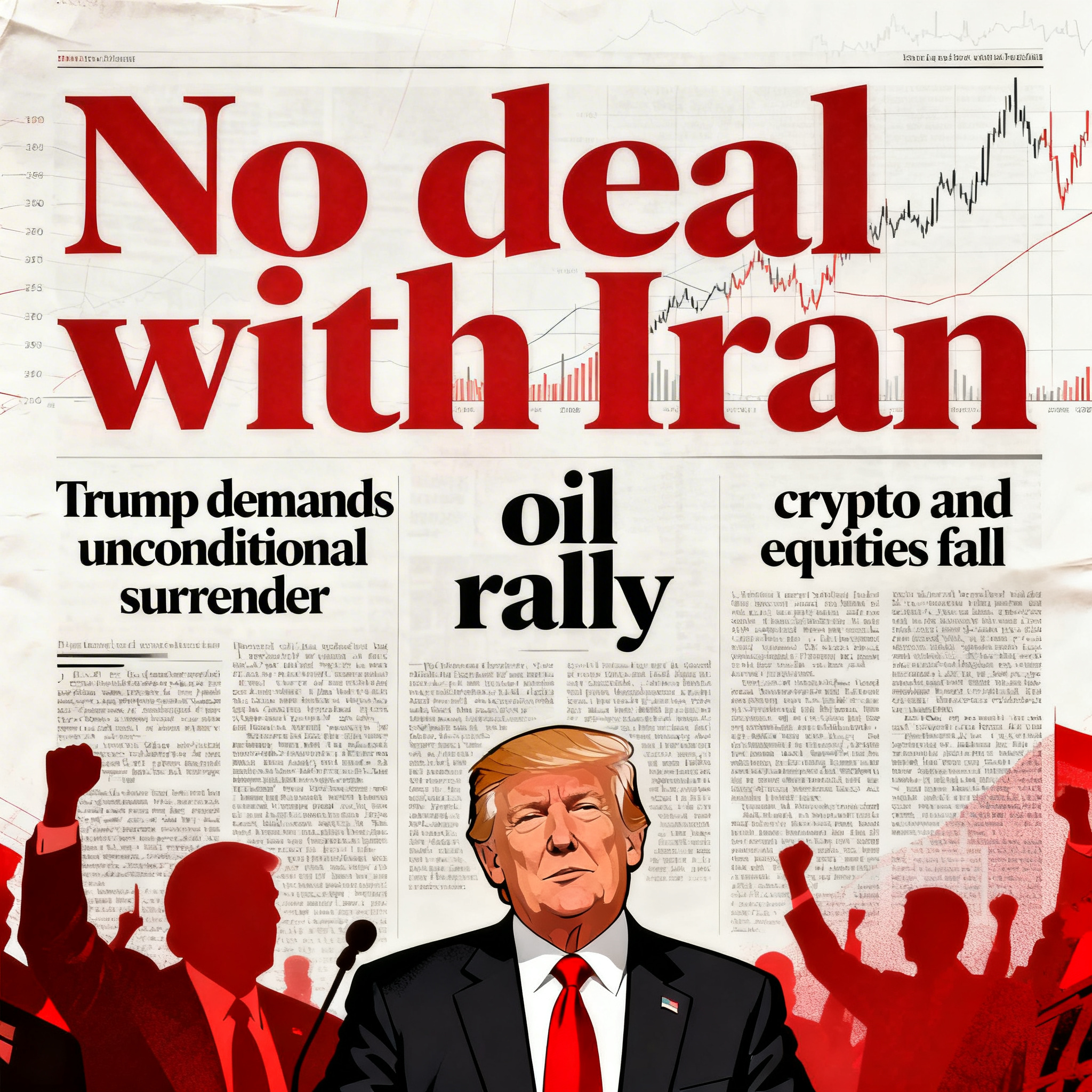Trump rejects Iran deal, demands unconditional surrender as oil jumps and bitcoin, stocks slide.