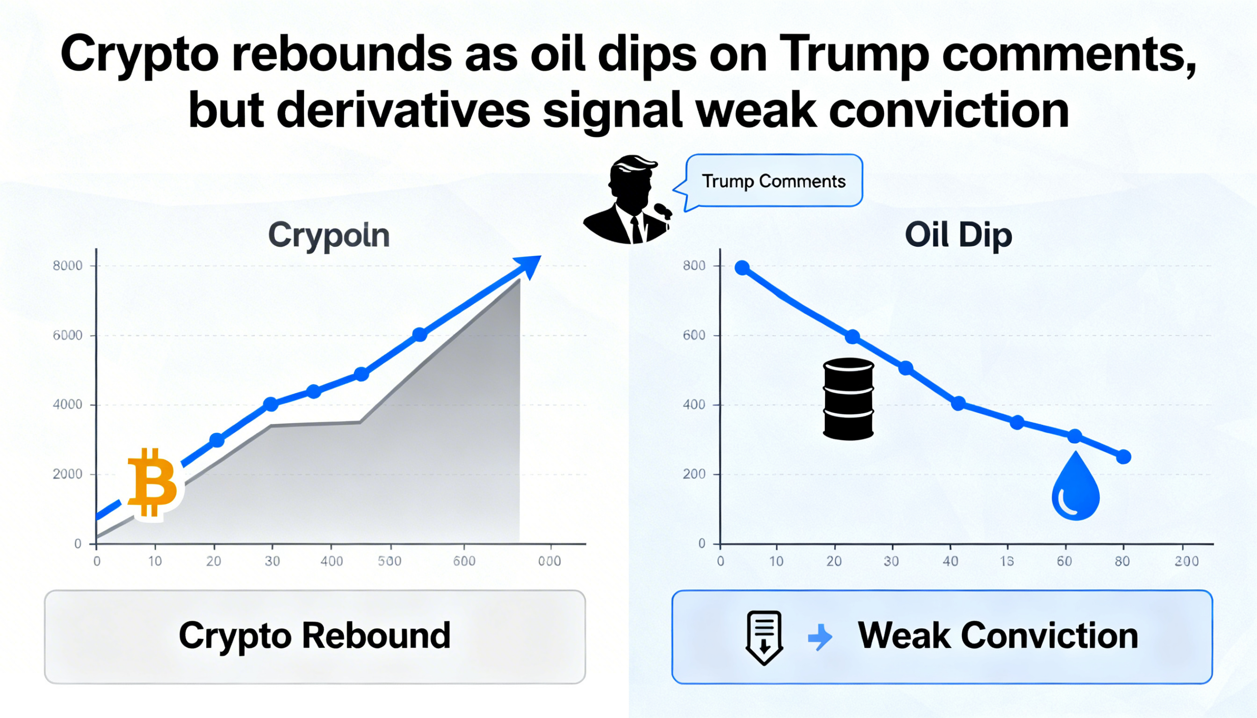 Crypto stages a rebound as oil declines on Trump statements, yet derivatives markets show muted conviction.