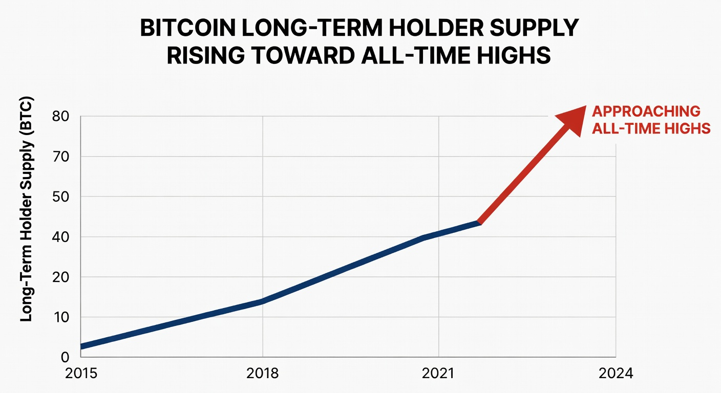 Bitcoin’s long-term holder supply nears record highs, ending a multi-year downtrend.