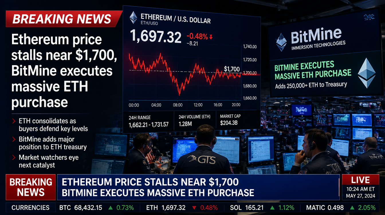Ethereum Stalls Around $1,700 as BitMine Launches Massive ETH Accumulation Amid Bearish Pressure