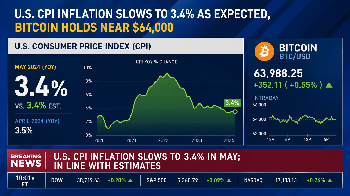 U.S. CPI Comes in at 3.4%, Keeping Bitcoin Near $64,000